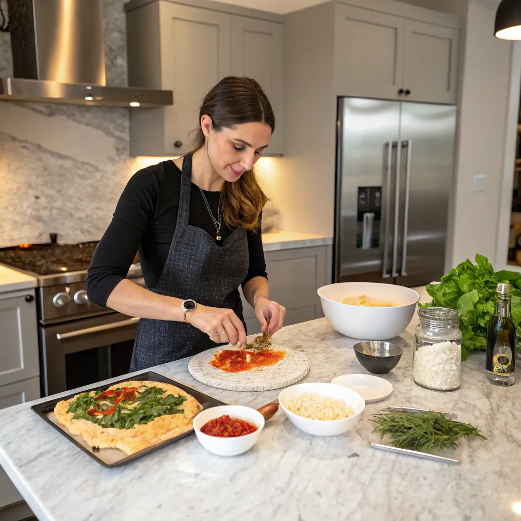 Emily Thompson preparing an Italian dish in a SYNAVENTH kitchen.