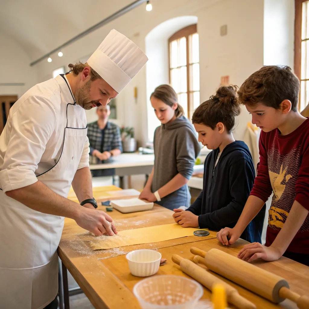 A chef instructing students in a pasta-making class
