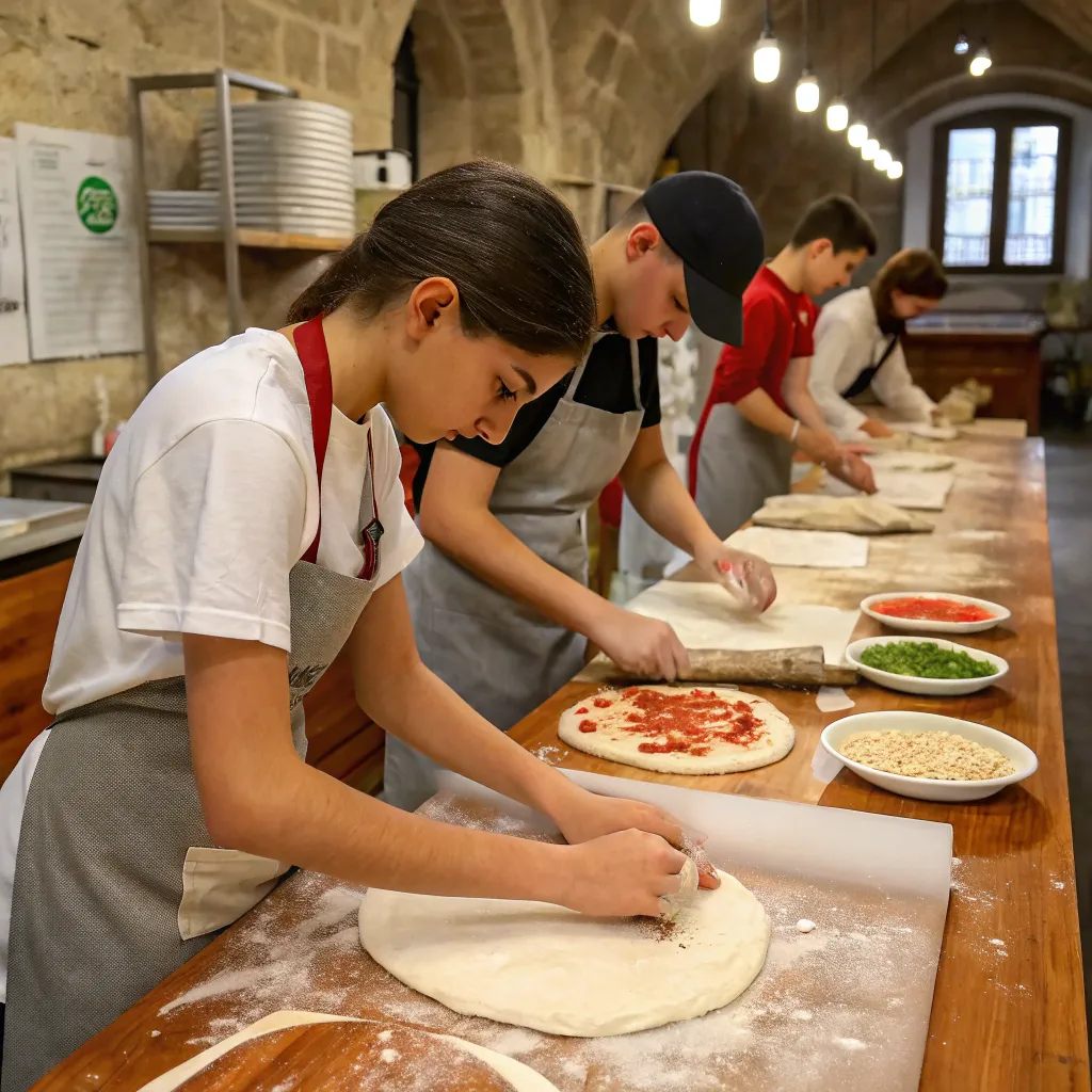 Students preparing pizza in an Italian workshop