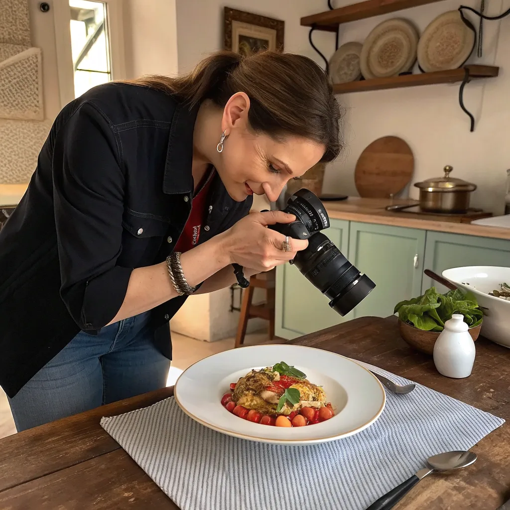 Sarah Mitchell capturing an Italian dish for her food blog.